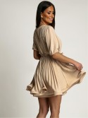 Pleated dress with short sleeves, beige AZR57172